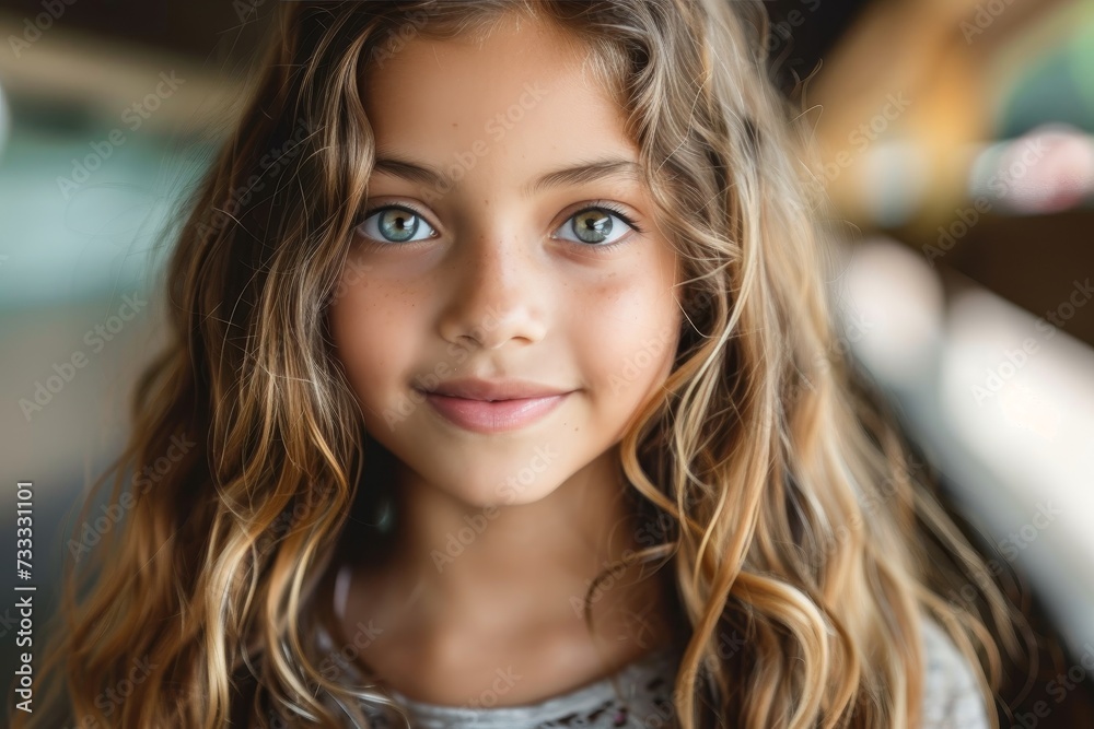 Captivating portrait of a young girl with long, layered hair and piercing green eyes, her joyful smile and surf-inspired clothing reflecting her carefree spirit and natural beauty Captivating portrait of a young girl with long, layered hair and piercing green eyes, her joyful smile and surf-inspired clothing reflecting her carefree spirit and natural beauty