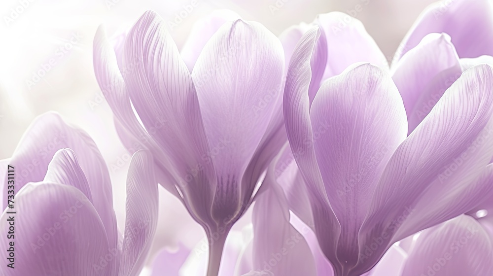 Fototapeta premium Close-up of delicately purple crocus flowers in a bouquet. Spring flowers growing in nature or gallery. Illustration for cover, postcard, greeting card, interior design, poster, brochure, presentation