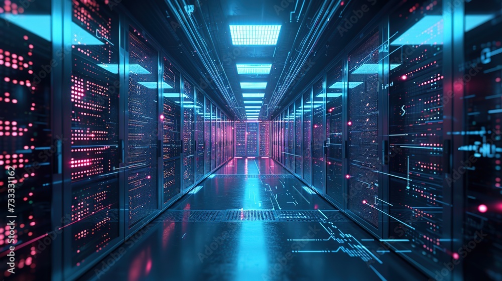 Aisle between server racks in a modern data center with glowing neon lights reflecting on the polished floor.