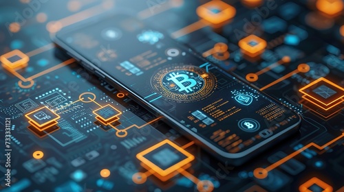 Close-up of a smartphone screen displaying a detailed Bitcoin cryptocurrency interface with circuitry and icons.