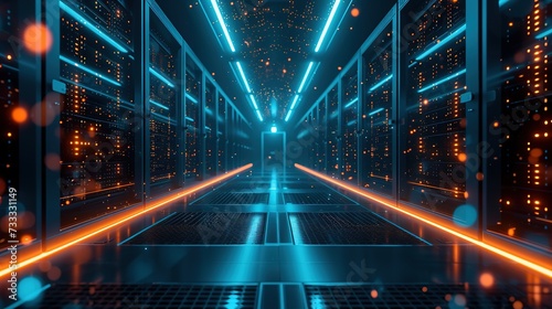 A corridor in a futuristic data center server room illuminated by ambient blue neon lighting with floating data particles.