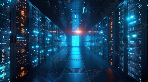 Walkway leading through a futuristic data center lined with servers illuminated by blue LED lighting.