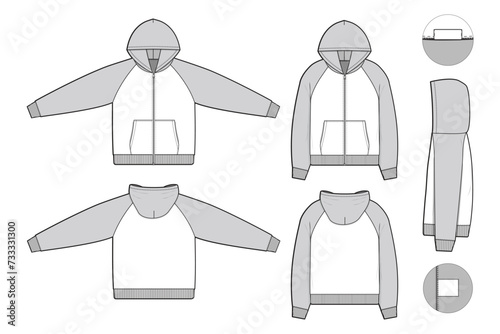 zip raglan hoodie sweatshirt flat technical drawing illustration mock-up template for design and tech packs men or unisex fashion CAD streetwear slim fit