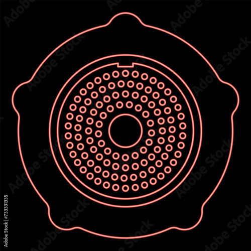 Neon grate for meat grinder plate mincer device for growing shallow of meat lattice with nut screw female screw pawl stop latch holder red color vector illustration image flat style