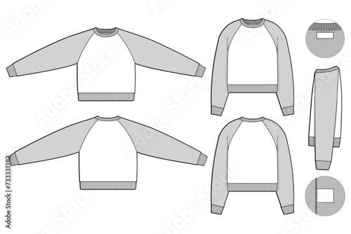 Pullover cropped raglan crewneck sweatshirt flat technical drawing illustration mock-up template for design and tech packs men or unisex fashion CAD streetwear slim fit