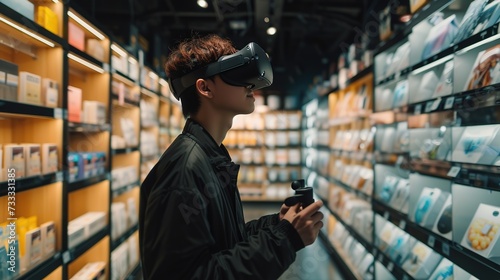 Individual using a virtual reality controller to navigate through a digital interface in a store aisle with product shelves.