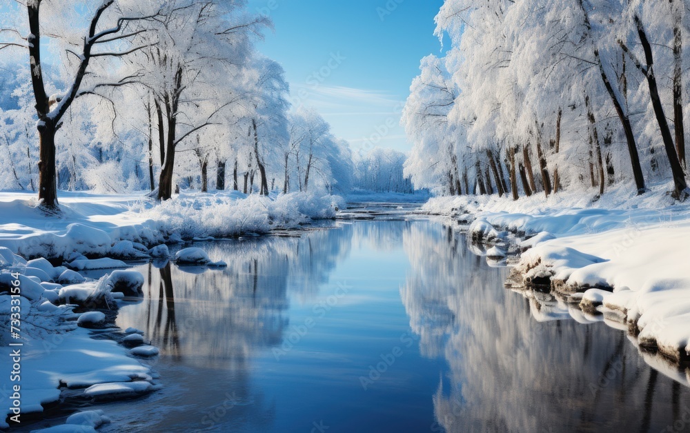 Winter river gently flows through a snowy forest landscape