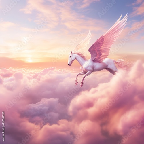 a winged unicorn gracefully flying above a canvas of pink and blue clouds © cff999