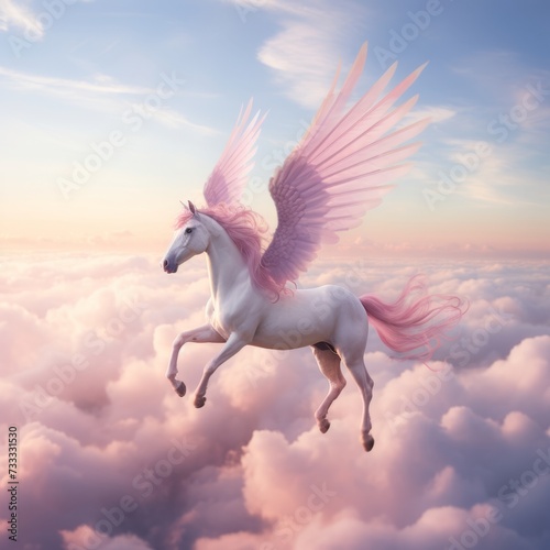a winged unicorn gracefully flying above a canvas of pink and blue clouds © cristian