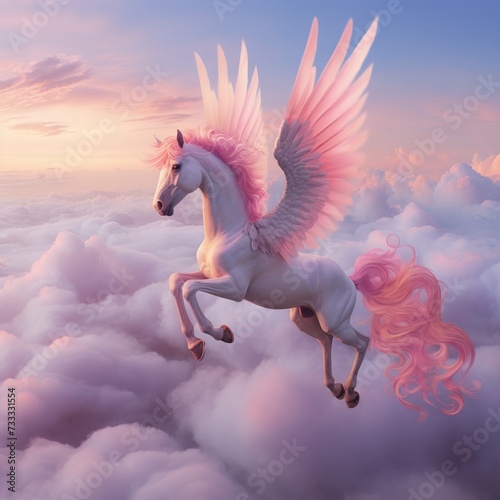 a winged unicorn gracefully flying above a canvas of pink and blue clouds