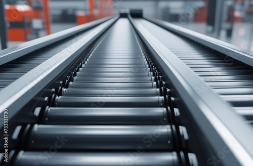 Conveyor belt inside a manufacturing site or distribution warehouse. Empty conveyor belt of production line, part of industrial equipment