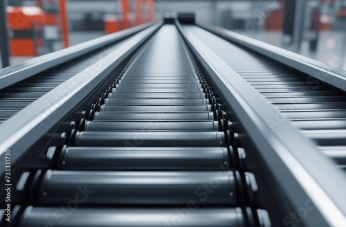 Conveyor belt inside a manufacturing site or distribution warehouse. Empty conveyor belt of production line  part of industrial equipment