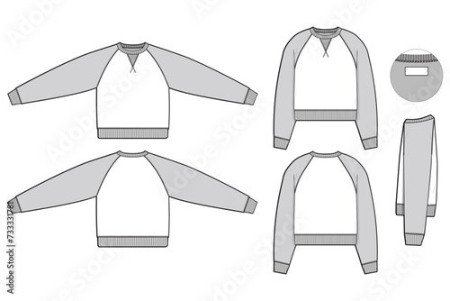 Pullover cropped raglan crewneck sweatshirt flat technical drawing illustration mock-up template for design and tech packs men or unisex fashion CAD streetwear slim fit