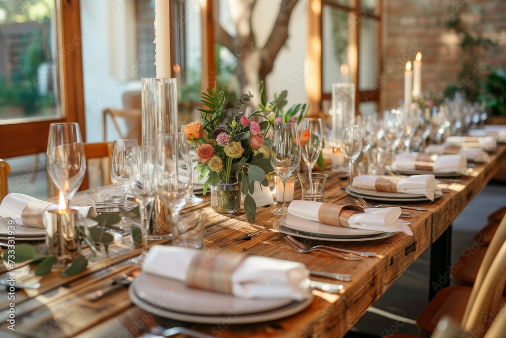 A stunning dining table adorned with elegant tableware, a beautiful floral centrepiece, and delicate stemware sets the perfect scene for a romantic rehearsal dinner in an indoor dining room A stunning dining table adorned with elegant tableware, a beautiful floral centrepiece, and delicate stemware sets the perfect scene for a romantic rehearsal dinner in an indoor dining room