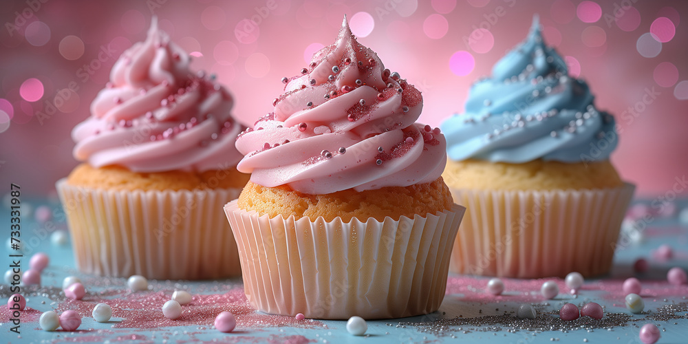 Wunderschöne leckere pink Cupcake mit bunten Streusel dekoriert Nahaufnahme im Querformat für Banner, ai generativ