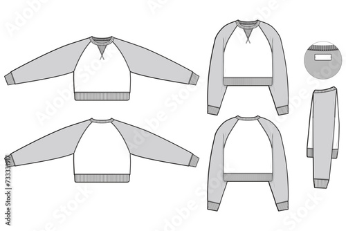 Pullover cropped raglan crewneck sweatshirt flat technical drawing illustration mock-up template for design and tech packs men or unisex fashion CAD streetwear slim fit