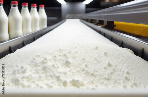 Row of bottles with milk and dry white powder on conveyor belt. plastic milk bottles on conveyor belt. equipment at the dairy plant photo