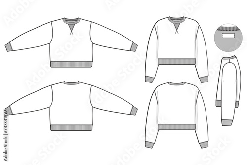 Pullover cropped crewneck sweatshirt flat technical drawing illustration mock-up template for design and tech packs men or unisex fashion CAD streetwear slim fit