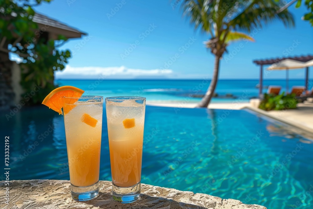 Two glasses of refreshing beverages, one with a tropical cocktail garnished with a bright drinking straw, sit by a sparkling pool as the sun sets on a relaxing beach vacation Two glasses of refreshing beverages, one with a tropical cocktail garnished with a bright drinking straw, sit by a sparkling pool as the sun sets on a relaxing beach vacation