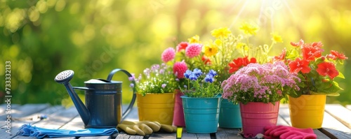 Flowers in pots with watering can and gloves in summer background