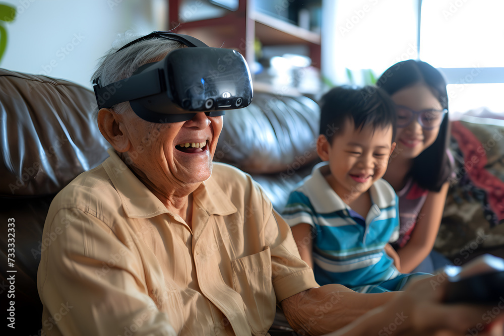 Grandfather and grandchildren are sitting on the sofa, laughing and playing a console, man and boy in VR glasses