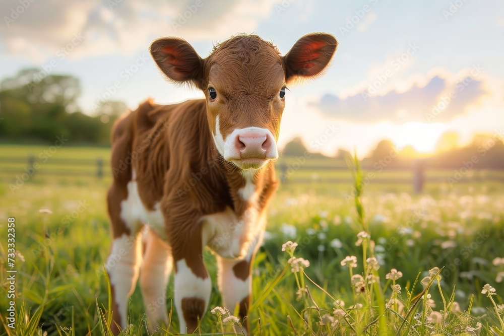 A solitary dairy cow gazes into the endless expanse of sky above a lush green meadow, surrounded by vibrant wildflowers and her fellow bovine companions, embodying the simplicity and beauty of life o