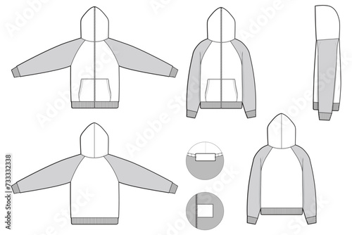 full zip raglan hoodie sweatshirt flat technical drawing illustration mock-up template for design and tech packs men or unisex fashion CAD streetwear slim fit