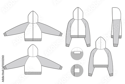 cropped full zip raglan hoodie sweatshirt flat technical drawing illustration mock-up template for design and tech packs men or unisex fashion CAD streetwear slim fit