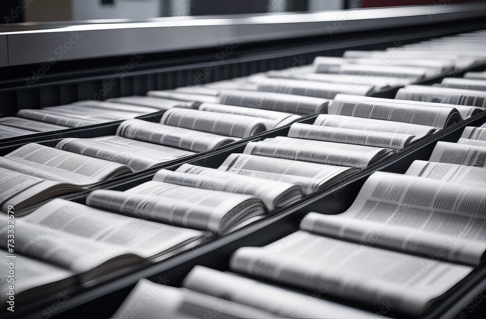 Fototapeta premium Stack of magazines on offset printing machine conveyor belt. Stack of magazines on offset printing machine conveyor belt