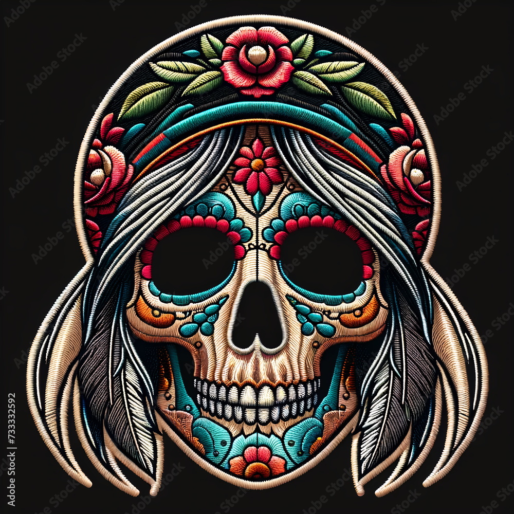 Dembroidered patch sticker of a womans skull.
