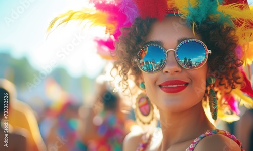 Beautiful girl on carnival with colorful face dress and sunglasses