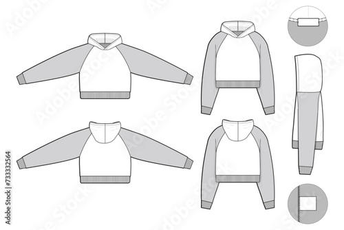 cropped raglan hoodie sweatshirt flat technical drawing illustration mock-up template for design and tech packs men or unisex fashion CAD streetwear slim fit