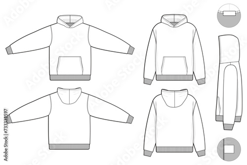 hoodie sweatshirt flat technical drawing illustration mock-up template for design and tech packs men or unisex fashion CAD streetwear slim fit