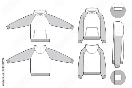 raglan hoodie sweatshirt flat technical drawing illustration mock-up template for design and tech packs men or unisex fashion CAD streetwear slim fit