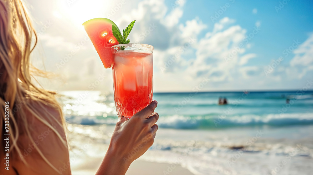 Obraz premium Woman holding cold iced tea or tropical mocktail on beach exotic vacation, against bright sea or ocean background