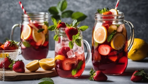 Three jars of strawberry lemonade with fruit garnishes