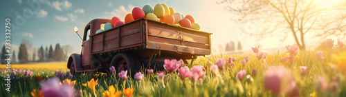 Vintage truck full of colorful Easter eggs on a meadow with grass and spring flowers. Concept of logistics, cargo and shipping. Horizontal, banner.