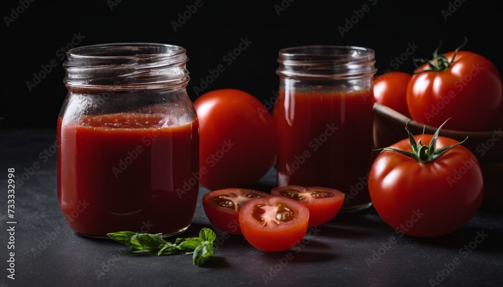 A jar of tomato sauce and tomatoes on a table - obrazy, fototapety, plakaty 