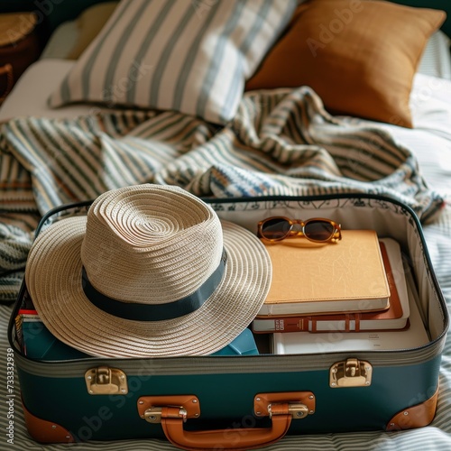 A well-traveled fashion accessory, this indoor suitcase dons a sun hat, cowboy hat, fedora, and sombrero atop it, sitting proudly as a symbol of style and wanderlust photo