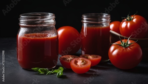 A jar of tomato sauce and tomatoes on a table