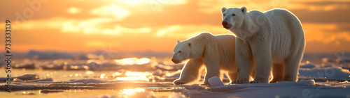Polar bear family in the arctic region with setting sun shining. Group of wild animals in nature. © linda_vostrovska