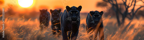Black panthers standing in the savanna with setting sun shining. Group of wild animals in nature. Horizontal, banner. © linda_vostrovska