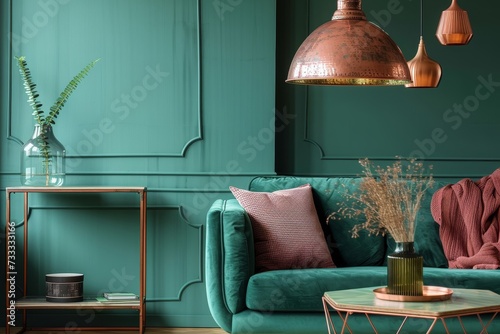 A vibrant green couch serves as the focal point in this tastefully designed indoor space, adorned with a sleek coffee table, elegant lampshade, and charming vase, creating a captivating still life th photo