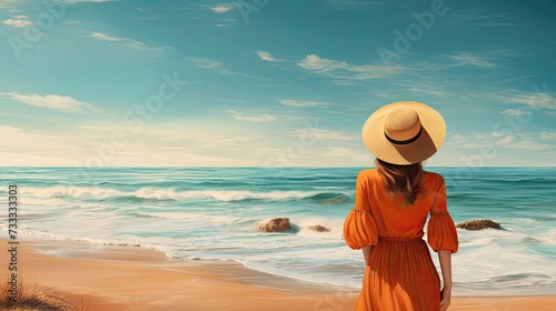 A woman in a orange dress and straw hat stands on a golden beach and looks at the turquoise waves lapping the shore