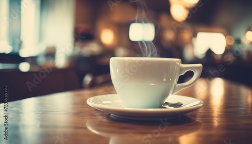 A cup of coffee on a saucer on a wooden table