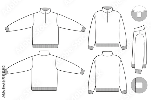 quarter zip pullover sweatshirt flat technical drawing illustration mock-up template for design and tech packs men or unisex fashion CAD streetwear slim fit