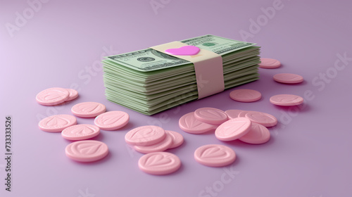 Stack of Money with Pink Pills Spilling Over, a Metaphor for Health Economics photo