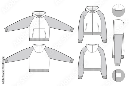 cropped zip raglan hoodie sweatshirt flat technical drawing illustration mock-up template for design and tech packs men or unisex fashion CAD streetwear slim fit