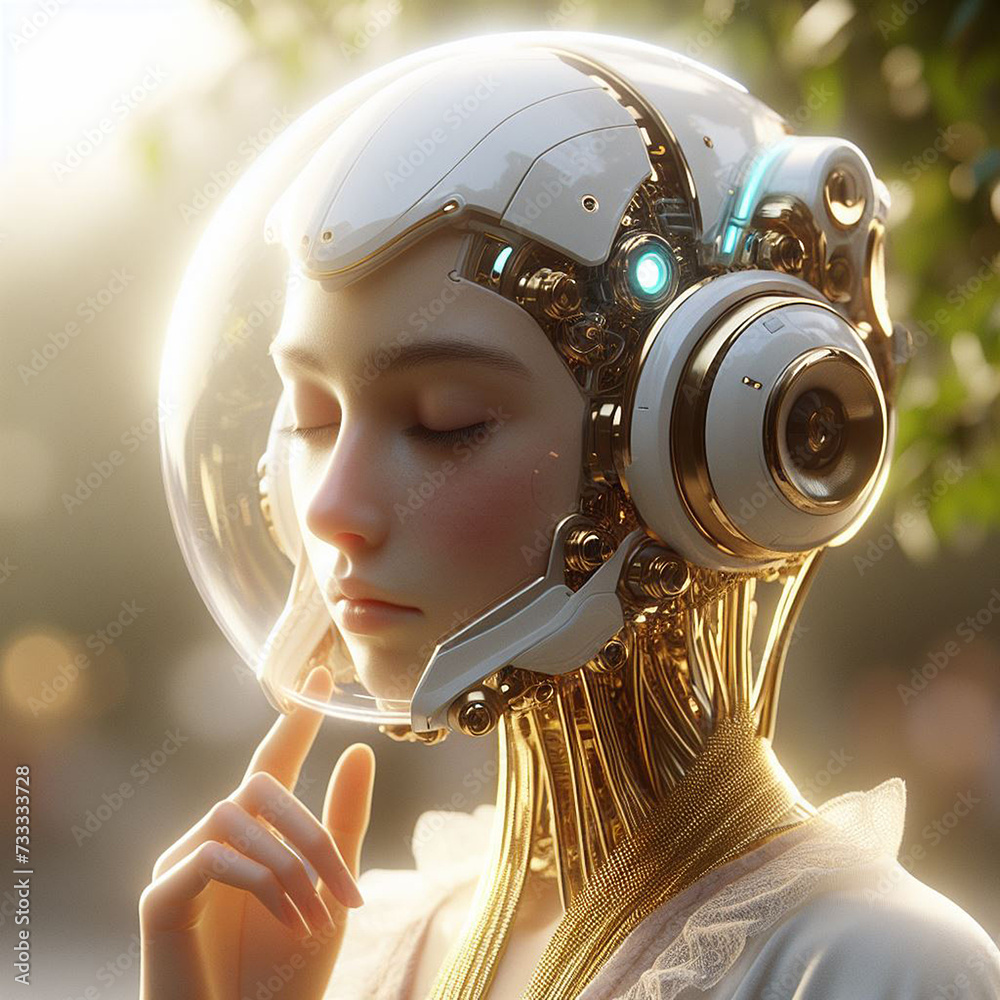 Fototapeta premium Close Up Portrait of Artificial intelligence Retrofuturistic Snow Scene: Cyborg Girl's Flower Fashion 