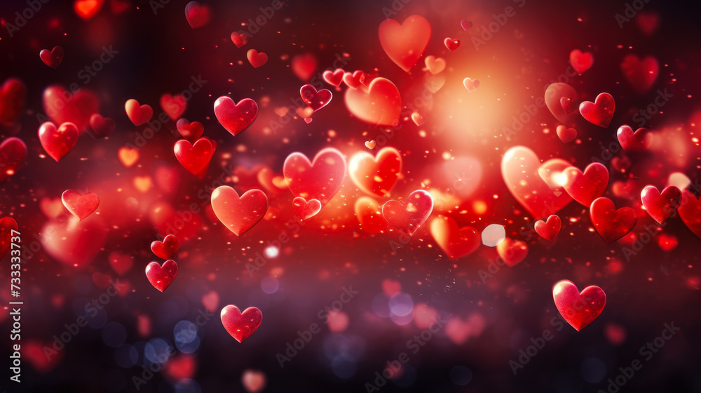 Glowing hearts floating in a dreamy red backdrop, evoking feelings of love, romance, Valentine's Day celebration, and the warmth of emotional connection